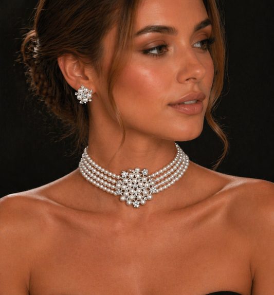 Vintage Pearl Flower Jewelry Set – Multi-Layer Elegant Necklace & Stud Earrings for Women