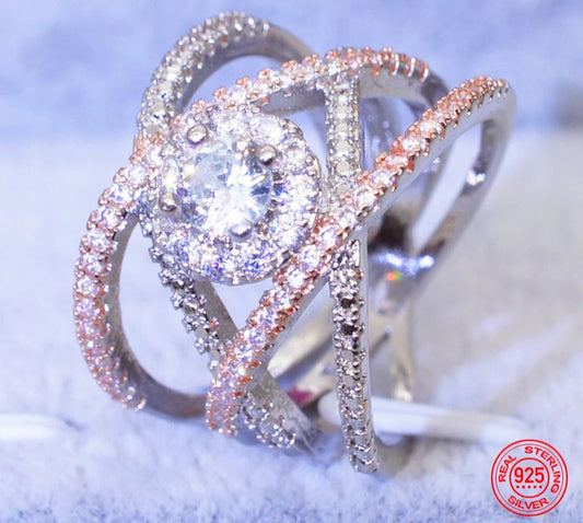 Luxury Rose Gold Zircon Weave Ring – 925 Sterling Silver Statement Band for Women