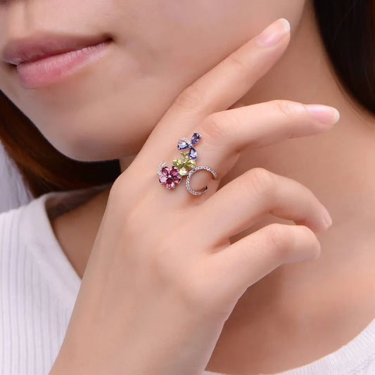 Colorful Gemstone Flower Ring 925 Sterling Silver – Luxury Adjustable Ring