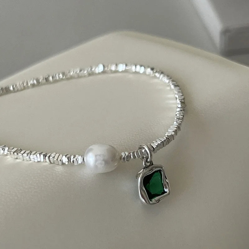 Elegant Green Zircon & Pearl Necklace – 925 Sterling Silver Choker