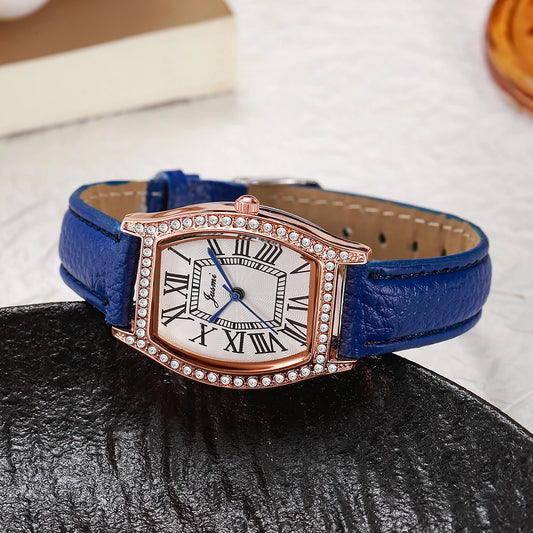 Luxury Blue Leather Quartz Women’s Watch – Silver Diamond Frame, Roman Dial, Elegant Gift Idea