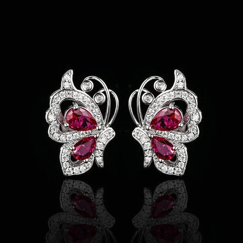 Luxury Ruby Butterfly Zircon Jewelry Set – Necklace Earrings & Ring