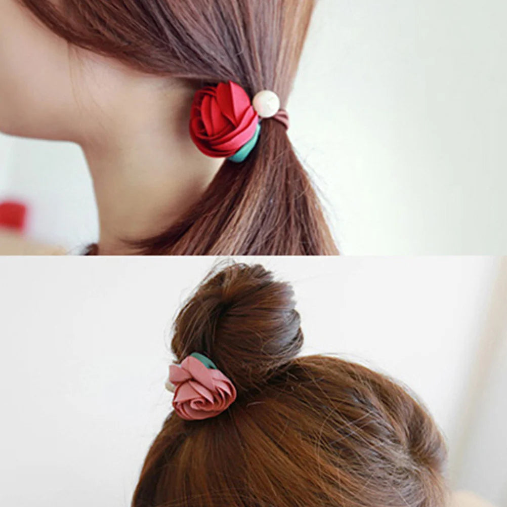 5pcs Elegant Rose Hair Ties – Premium Floral Hair Accessories with Pearl Detail