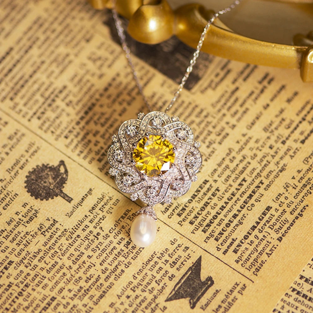 Luxury 925 Sterling Silver Pearl Brooch – Yellow Crystal Flower Pin