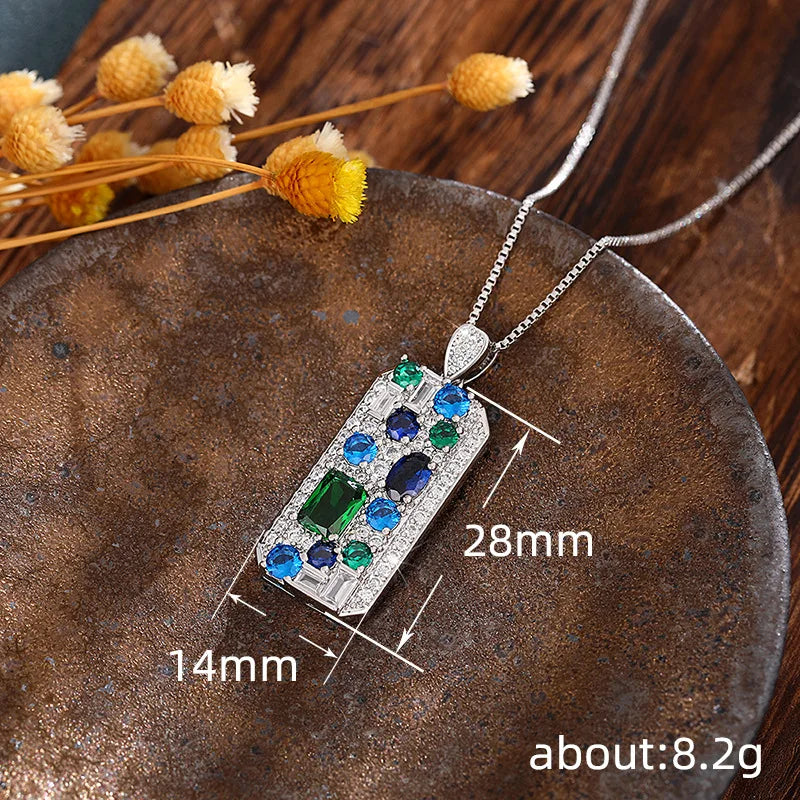 Blue Green Cubic Zirconia Silver Pendant Necklace