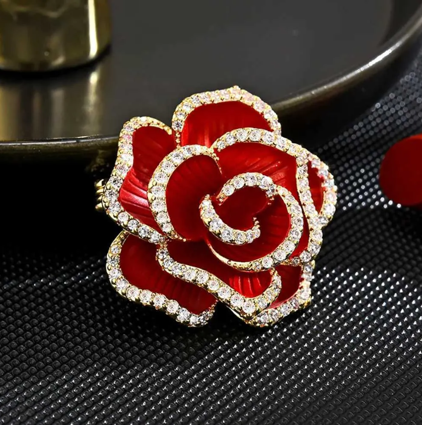 Luxury Rose Flower Brooch – Crystal Pin for Women