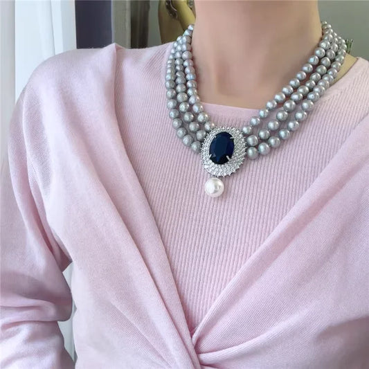 Elegant 3-Layer Natural Grey Pearl Necklace – Statement Jewelry for Women, Timeless Luxury Charm