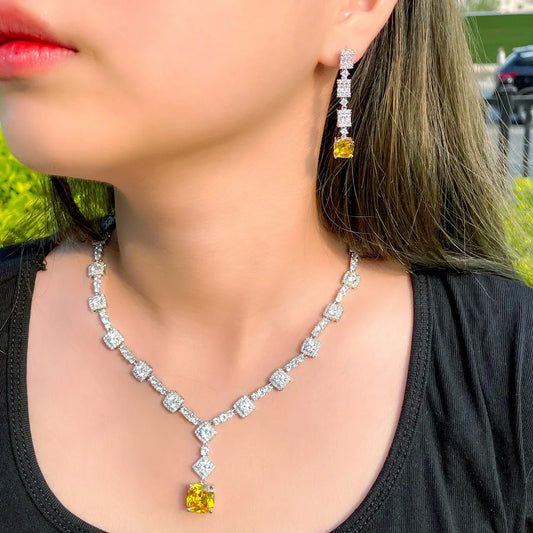 Luxury CZ Crystal Necklace & Earrings Set – Elegant Silver Plated Jewelry for Women | Perfect for Parties, Weddings & Special Occasions