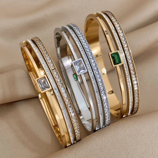 Elegant Duo-Tone Zircon Cuff Bracelet – Luxury Gold & Silver Bangles for Her