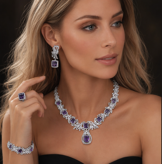 Royal Amethyst Crystal Jewelry Set – 4PCS Elegant Purple Zircon Necklace, Earrings, Bracelet & Ring for Evening, Wedding, or Gift