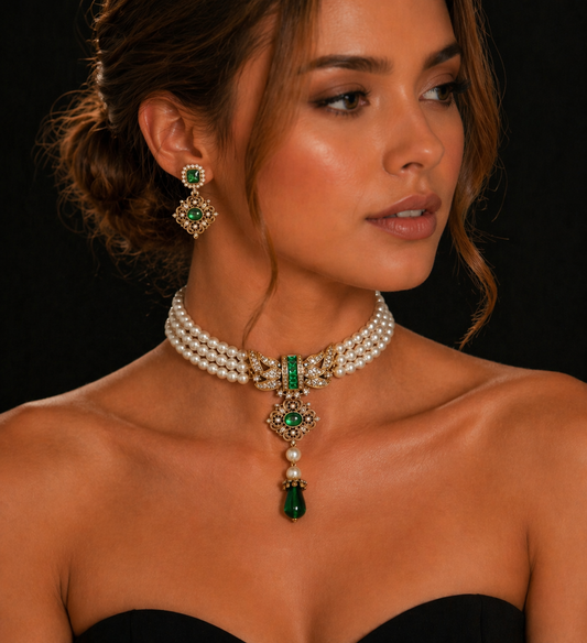 Royal Pearl Jewelry Set with Green Stone Accents