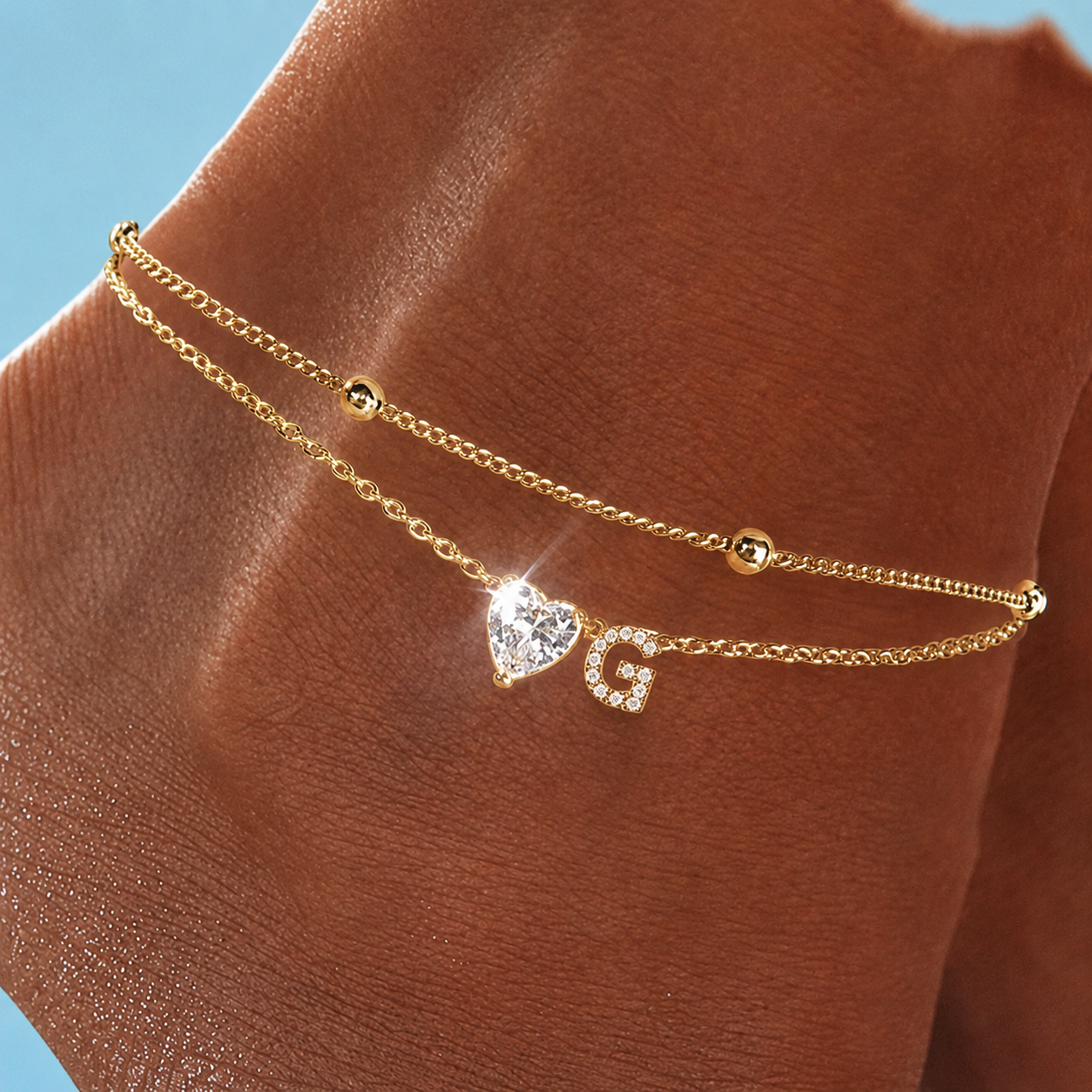 Gold Letter Anklet with Sparkling CZ Heart