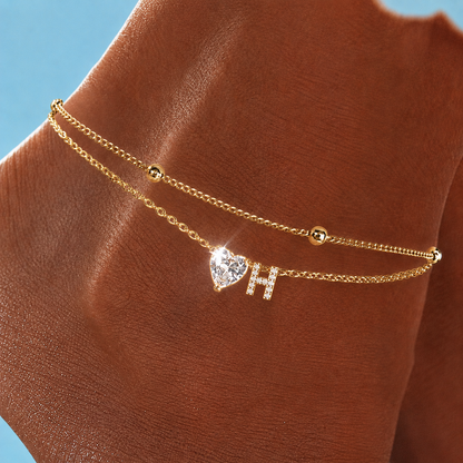 Gold Letter Anklet with Sparkling CZ Heart