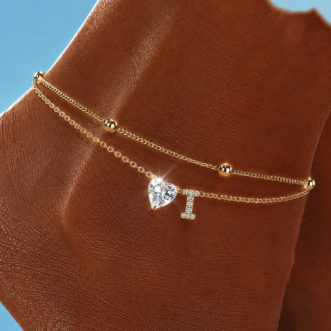 Gold Letter Anklet with Sparkling CZ Heart