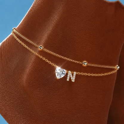 Gold Letter Anklet with Sparkling CZ Heart