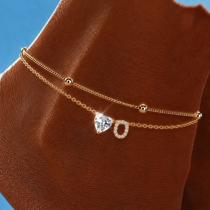 Gold Letter Anklet with Sparkling CZ Heart