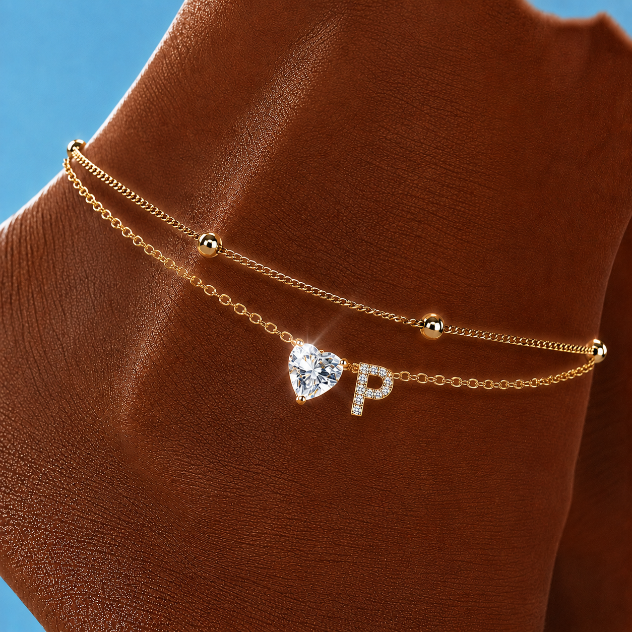 Gold Letter Anklet with Sparkling CZ Heart