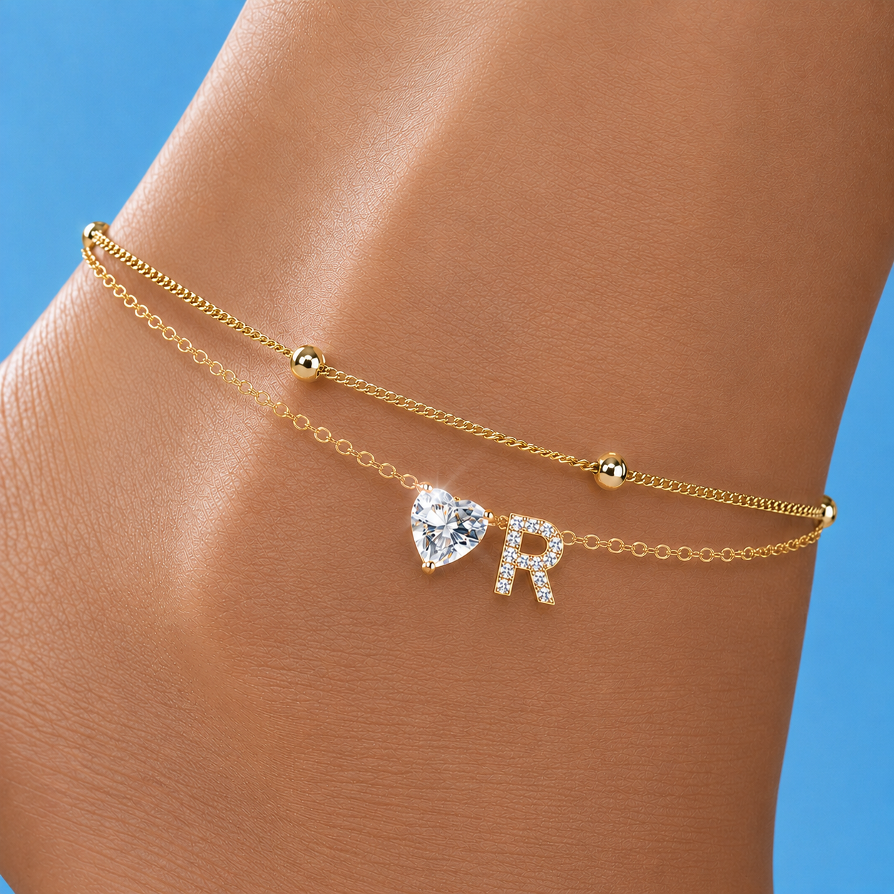 Gold Letter Anklet with Sparkling CZ Heart