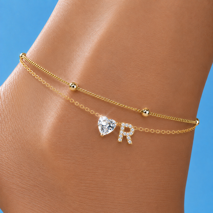 Gold Letter Anklet with Sparkling CZ Heart