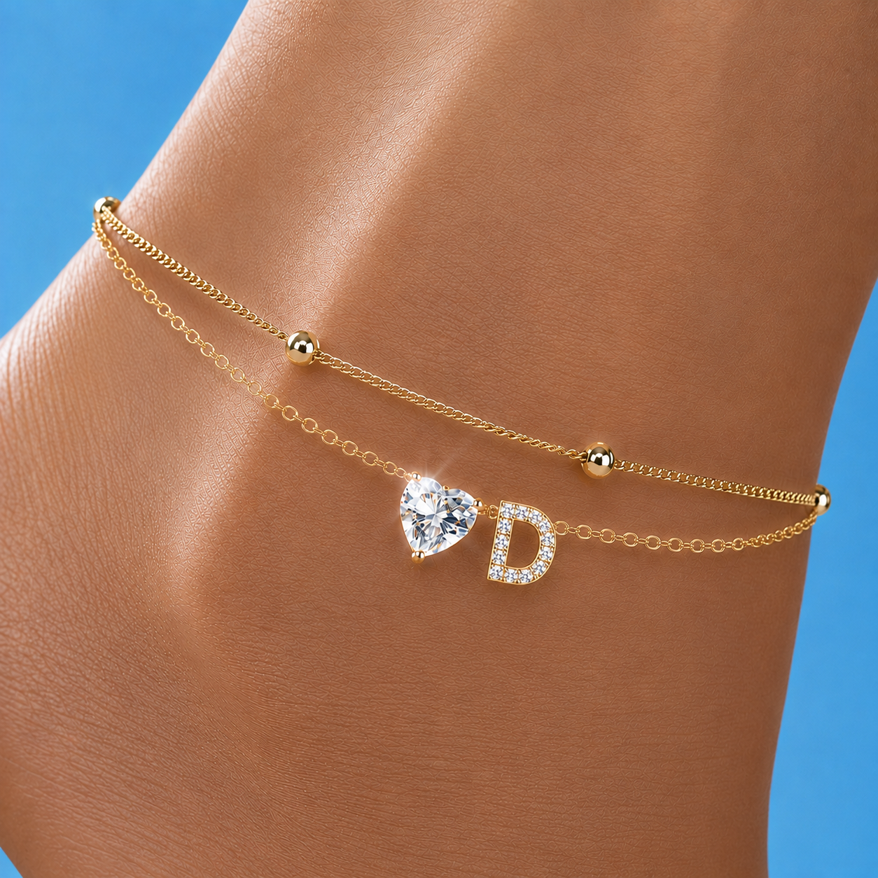 Gold Letter Anklet with Sparkling CZ Heart