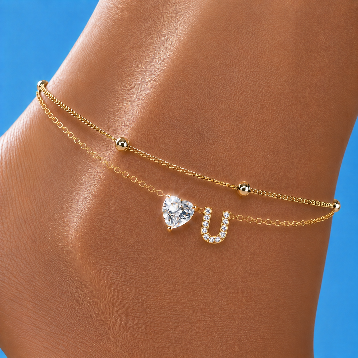 Gold Letter Anklet with Sparkling CZ Heart