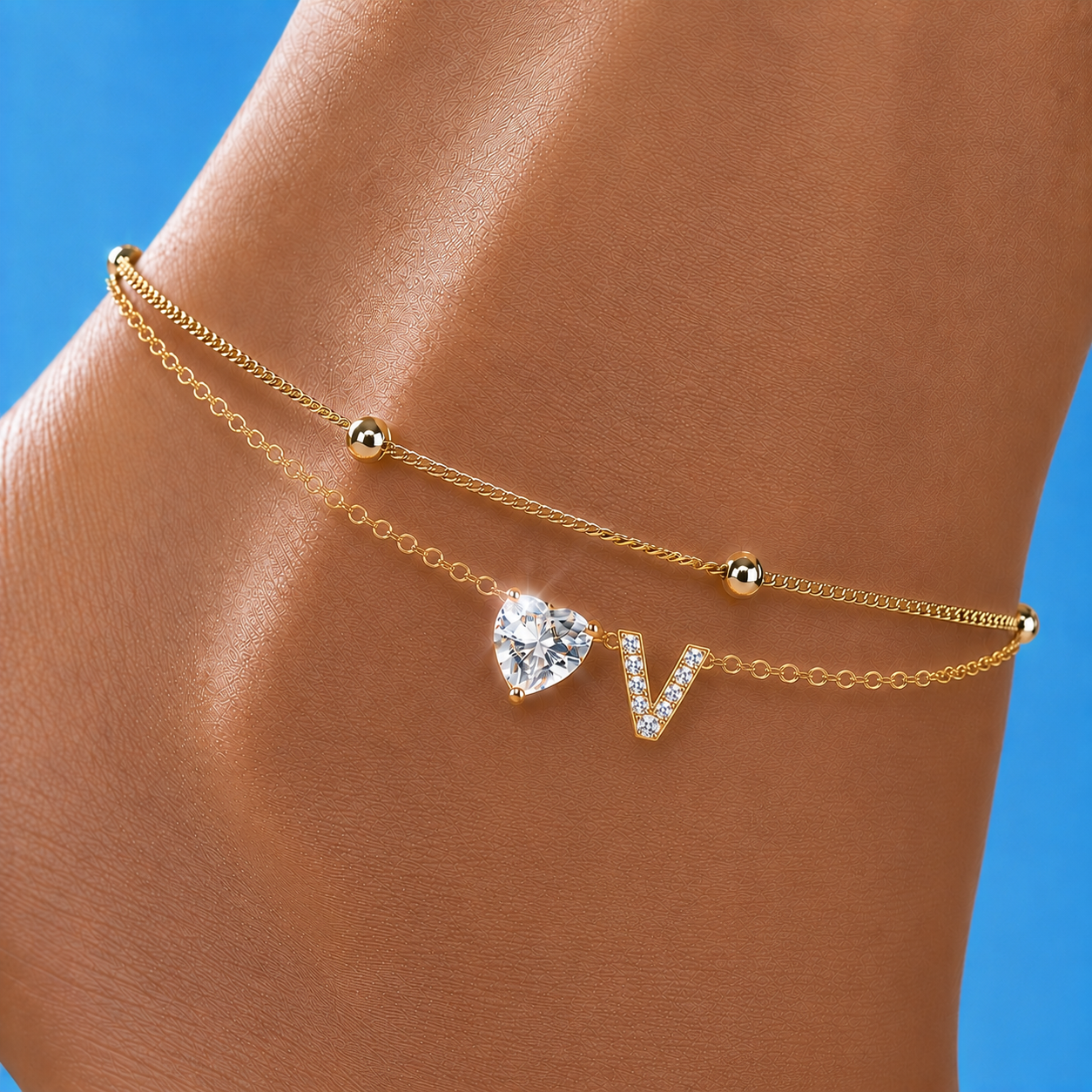 Gold Letter Anklet with Sparkling CZ Heart
