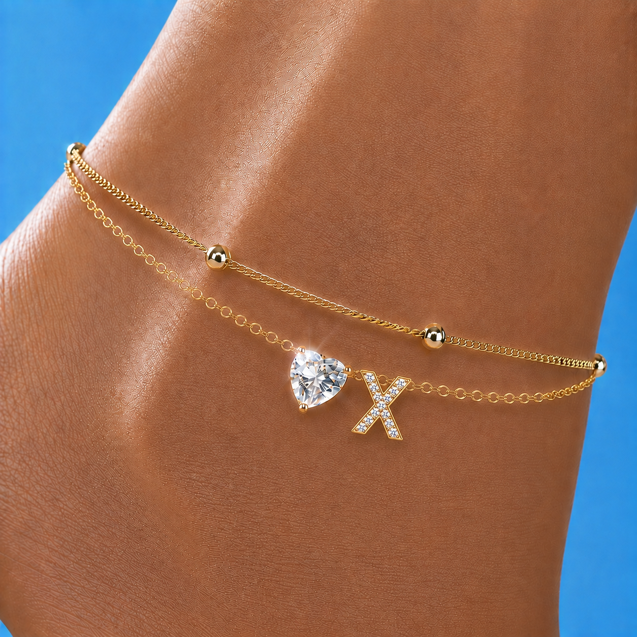 Gold Letter Anklet with Sparkling CZ Heart