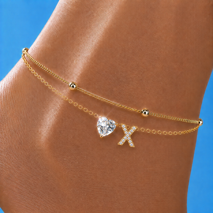 Gold Letter Anklet with Sparkling CZ Heart