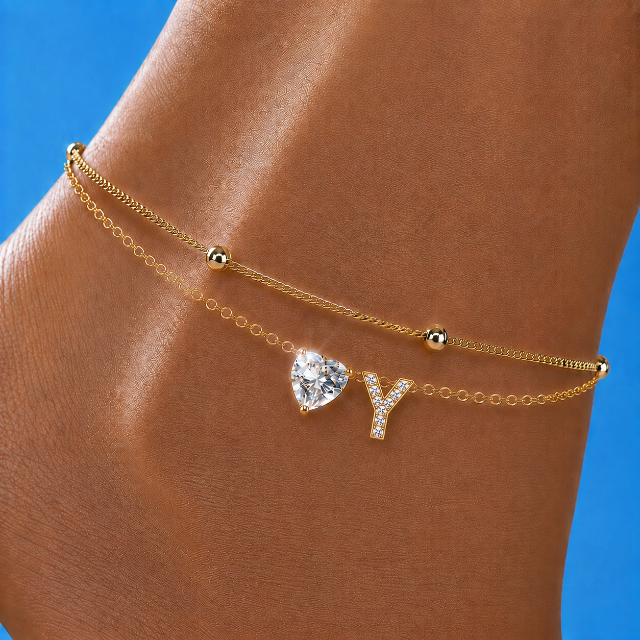 Gold Letter Anklet with Sparkling CZ Heart