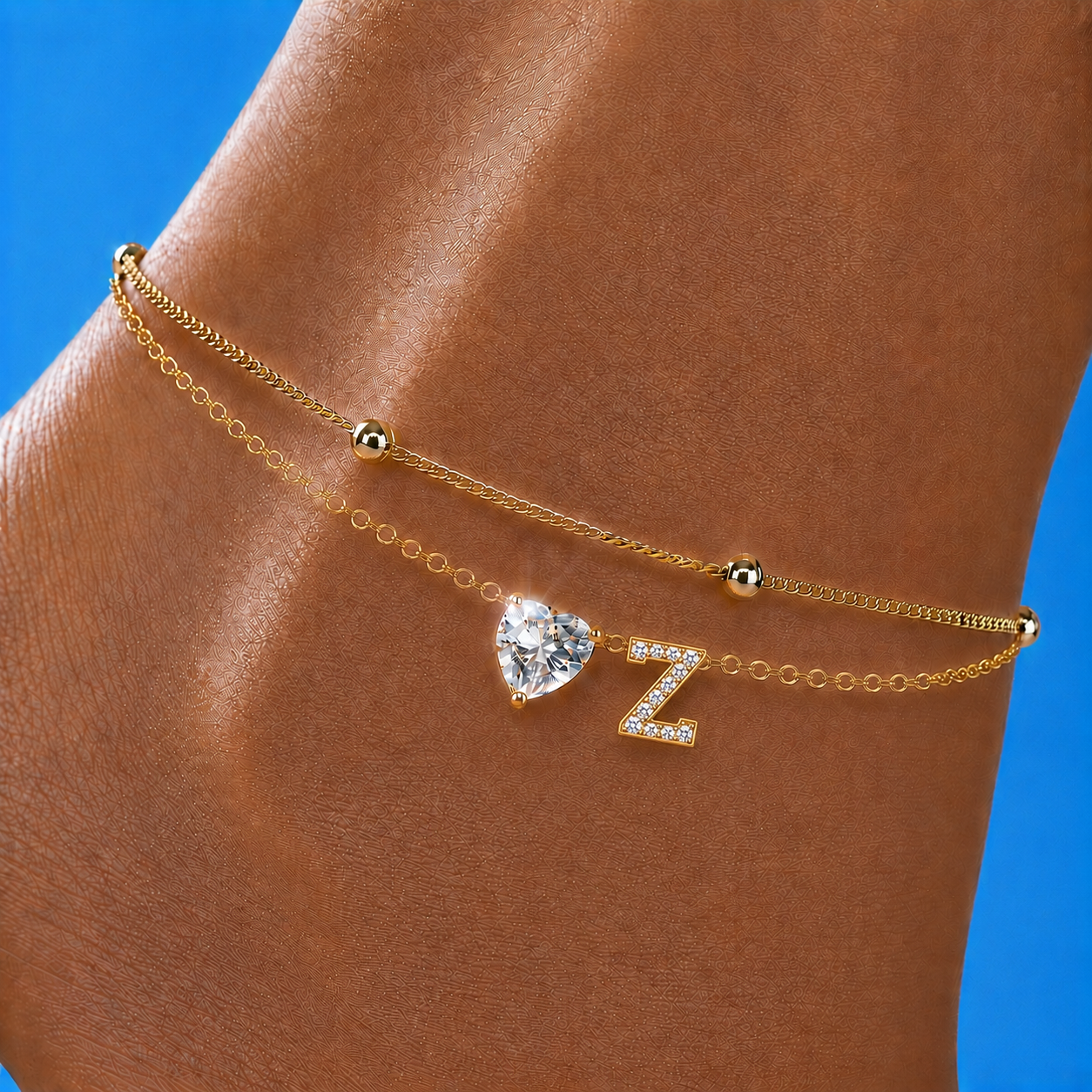 Gold Letter Anklet with Sparkling CZ Heart