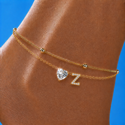 Gold Letter Anklet with Sparkling CZ Heart