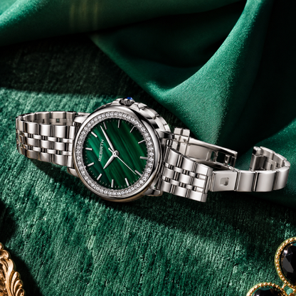Elegant Green Dial Women's Watch – Crystal Stainless Steel Quartz Watch