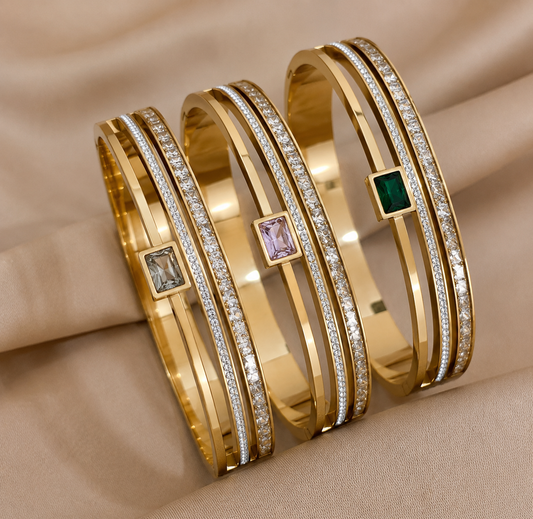Gold Plated Stainless Steel Zircon Bangle Bracelet