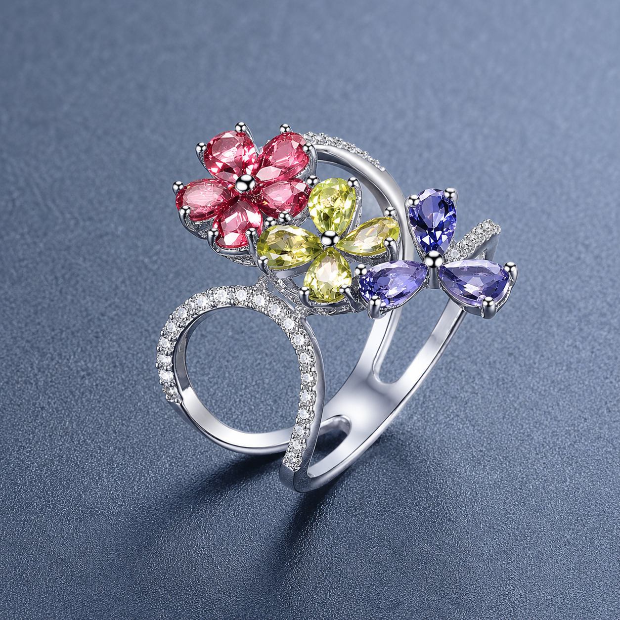 Colorful Gemstone Flower Ring 925 Sterling Silver – Luxury Adjustable Ring