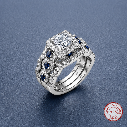 925 Sterling Silver Luxury Blue Stone Ring Set – Sparkling Elegant Jewelry