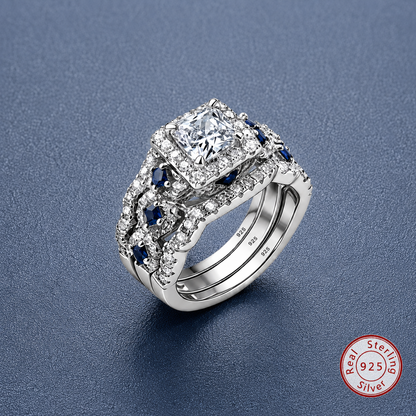 925 Sterling Silver Luxury Blue Stone Ring Set – Sparkling Elegant Jewelry