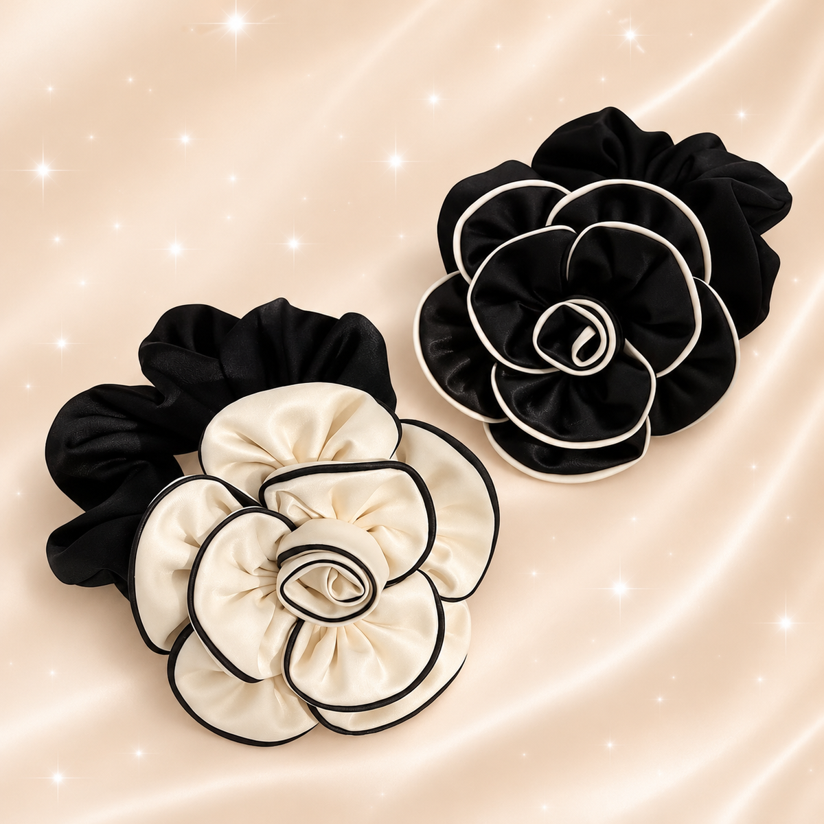 Satin Rose Scrunchie – Chic Floral Hair Tie