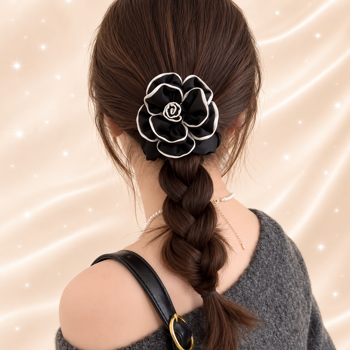 Satin Rose Scrunchie – Chic Floral Hair Tie