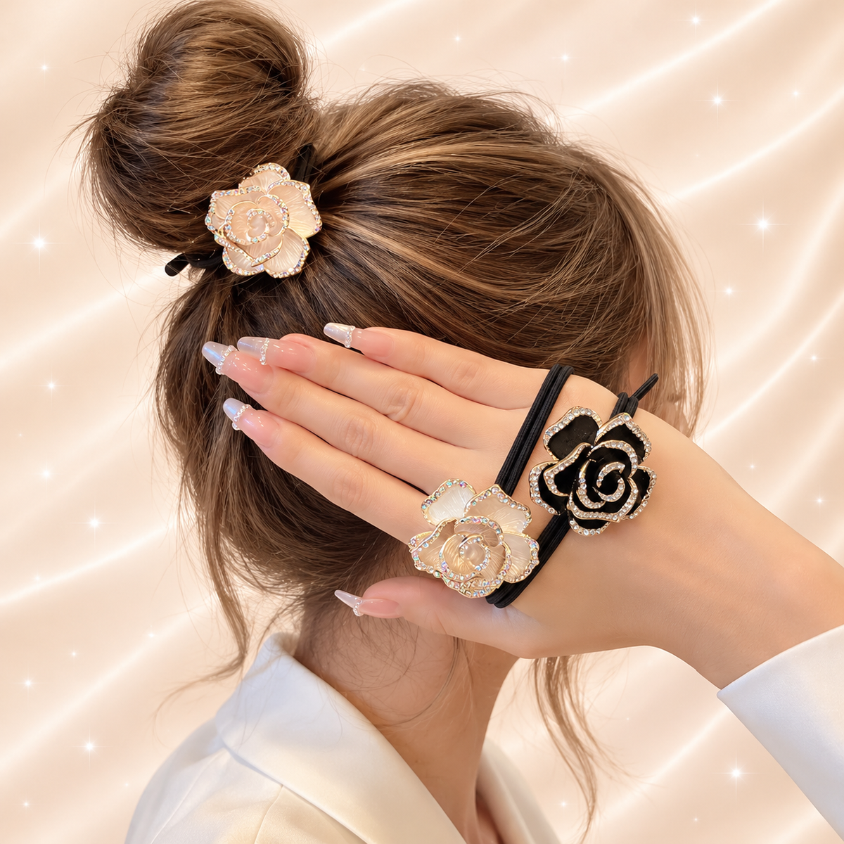 Sparkling Crystal Rose Hair Tie – Luxury Floral Design