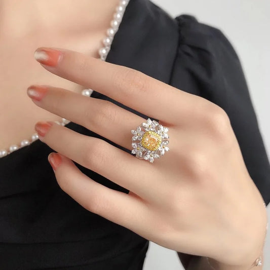Luxury Yellow Zircon Flower Ring – Elegant Silver-Plated Crystal Design