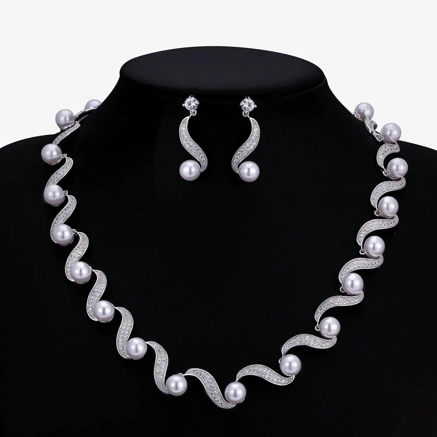 Luxury Pearl & Cubic Zirconia Jewelry Set – Bridal Necklace & Earrings for Weddings & Parties