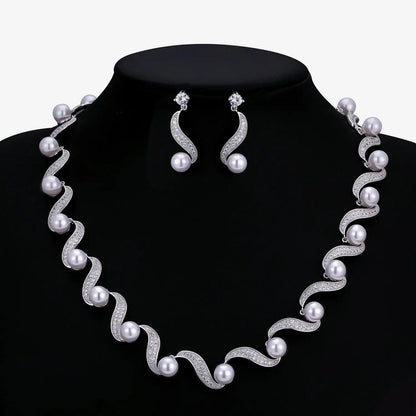 Luxury Pearl & Cubic Zirconia Jewelry Set – Bridal Necklace & Earrings for Weddings & Parties
