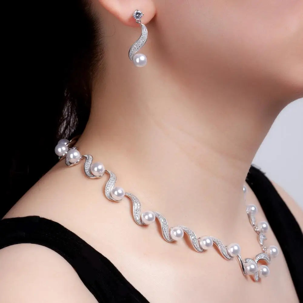 Luxury Pearl & Cubic Zirconia Jewelry Set – Bridal Necklace & Earrings for Weddings & Parties