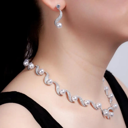 Luxury Pearl & Cubic Zirconia Jewelry Set – Bridal Necklace & Earrings for Weddings & Parties