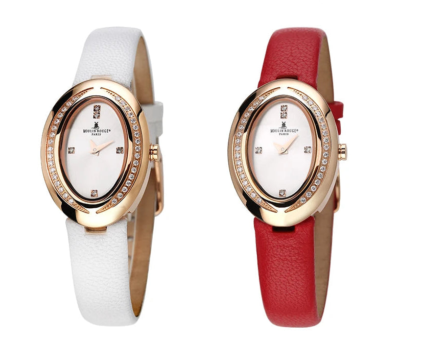 Elegant Oval Women’s Watch – Leather Strap, Crystal Bezel, Luxury Minimalist Design