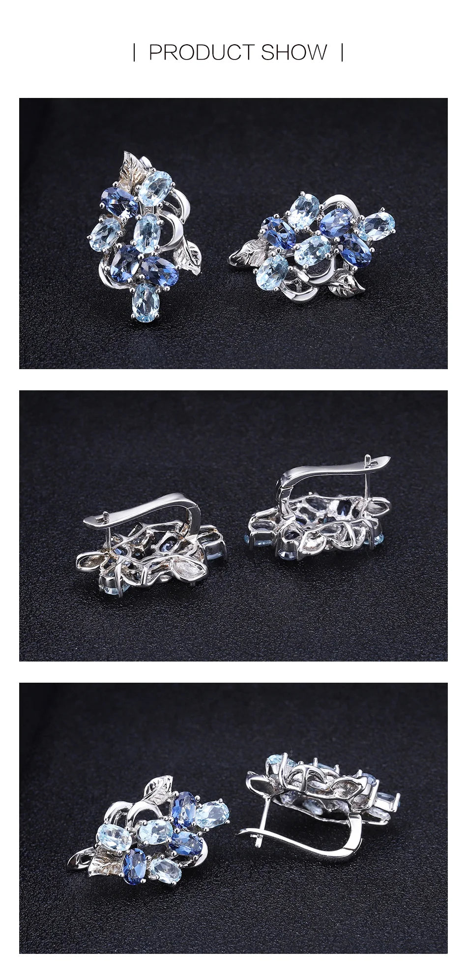 925 Sterling Silver Stud Earrings  - Sky Blue Topaz & Mystic Quartz Floral Design