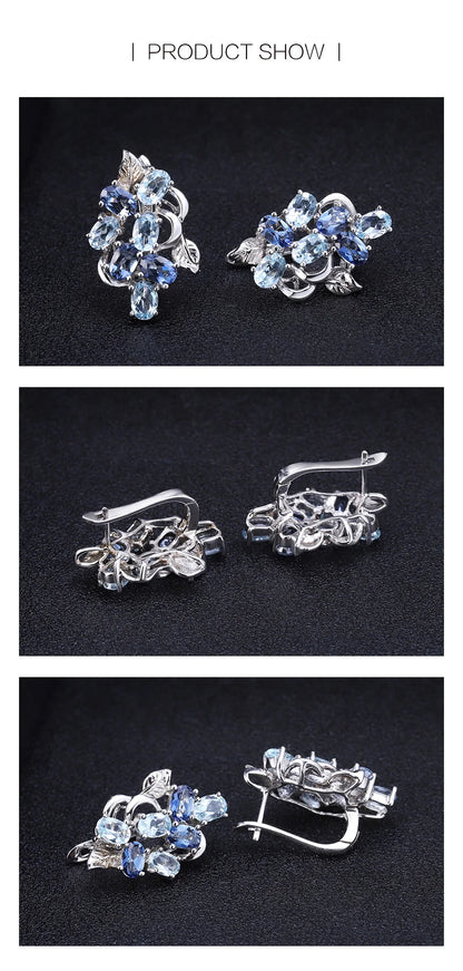 925 Sterling Silver Stud Earrings  - Sky Blue Topaz & Mystic Quartz Floral Design