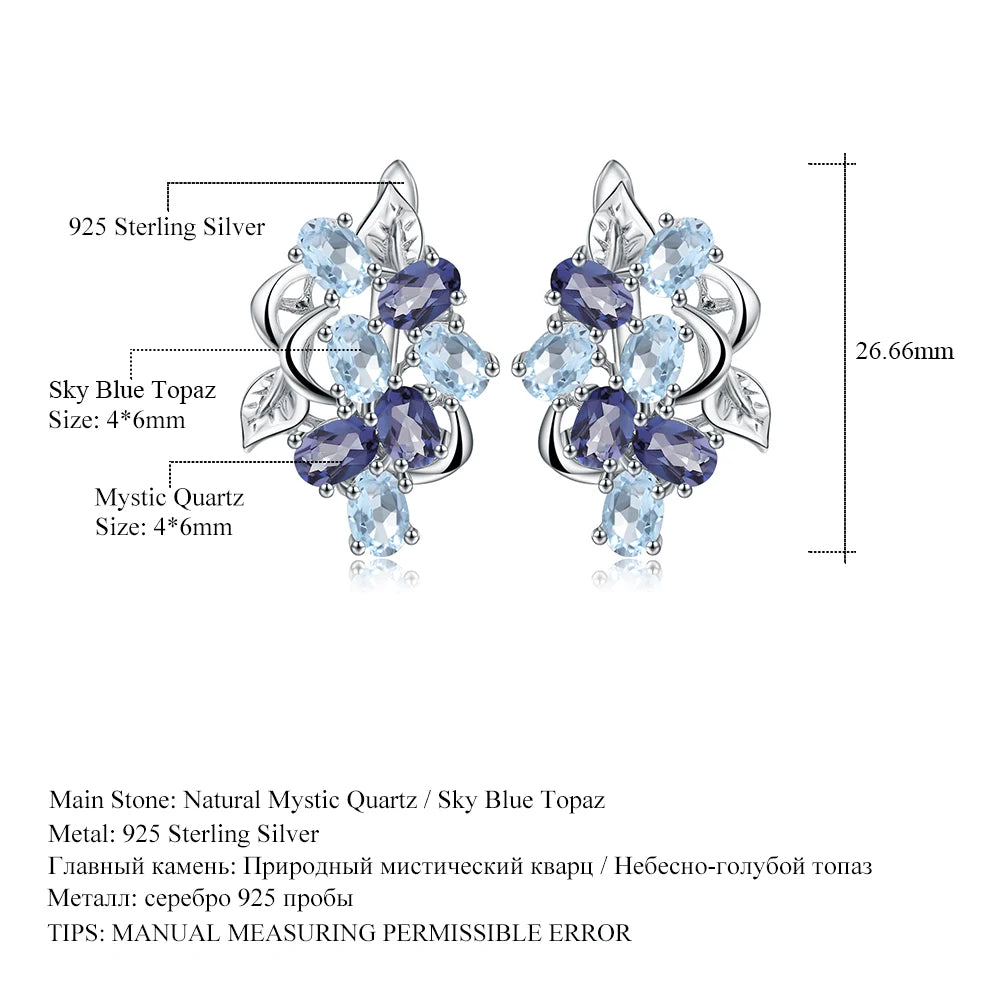 925 Sterling Silver Stud Earrings  - Sky Blue Topaz & Mystic Quartz Floral Design