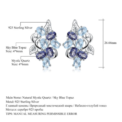 925 Sterling Silver Stud Earrings  - Sky Blue Topaz & Mystic Quartz Floral Design
