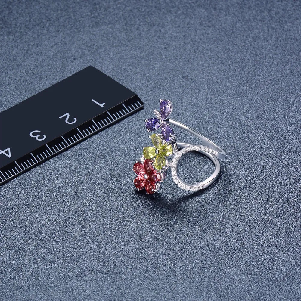 Colorful Gemstone Flower Ring 925 Sterling Silver – Luxury Adjustable Ring